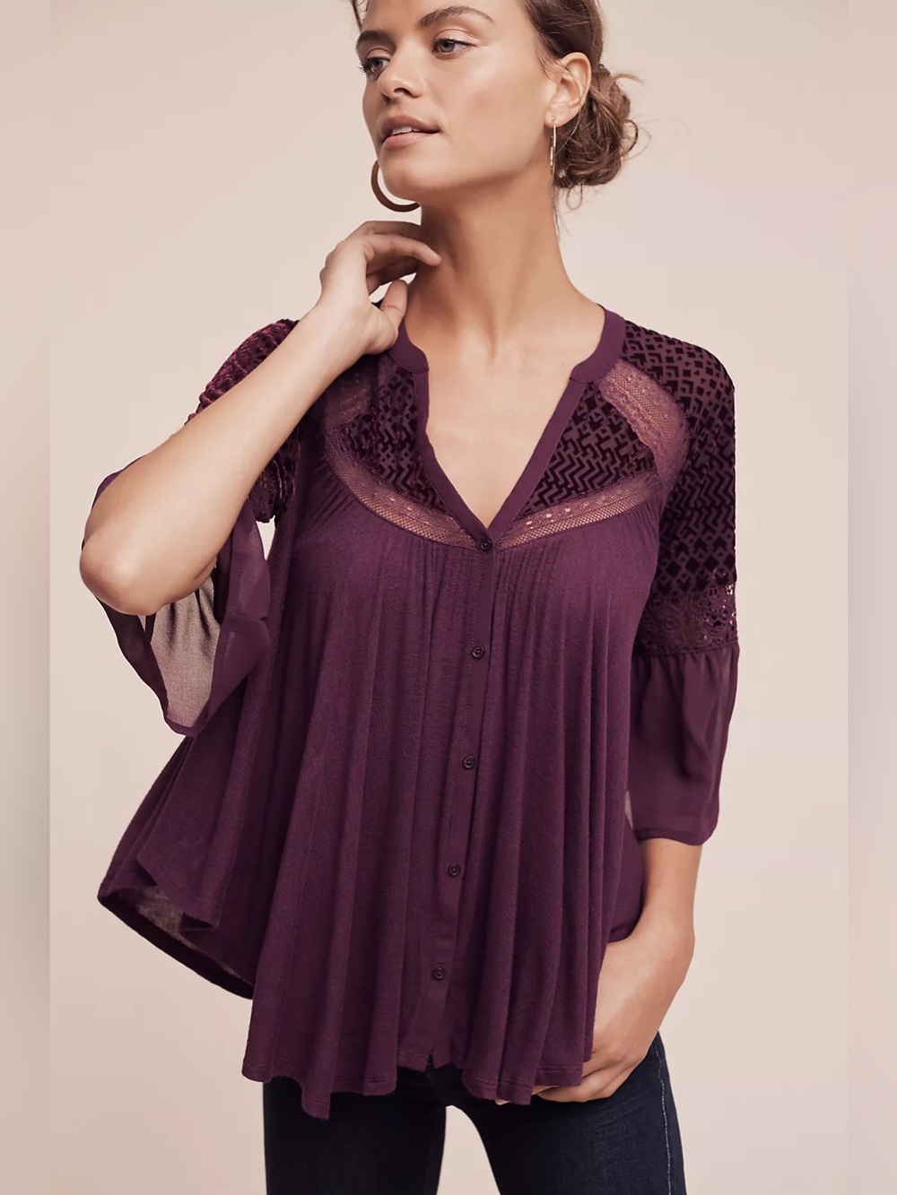 Meadow Rue Surya Burnout Peasant Boho Deep Purple Blouse Top